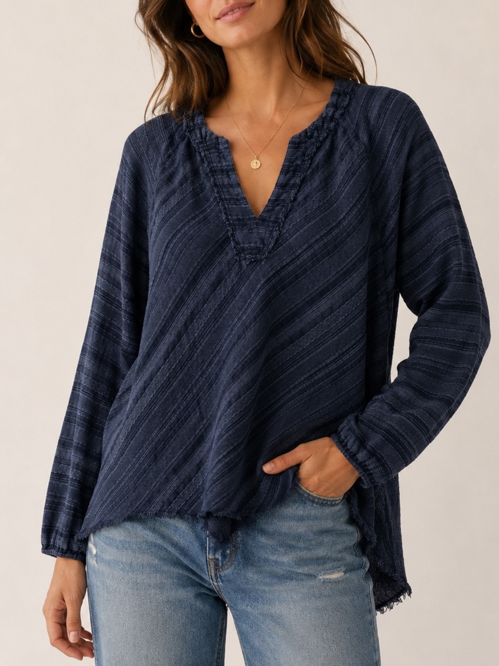 Xirena Revolve Medium Blue Stripe Cotton Blend Boho Tunic Blouse Raw Hem